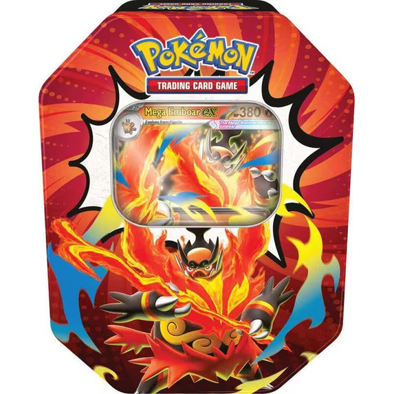 Pokémon TCG Ascended Heroes tin with Mega Emboar ex promo card and 4 booster packs
