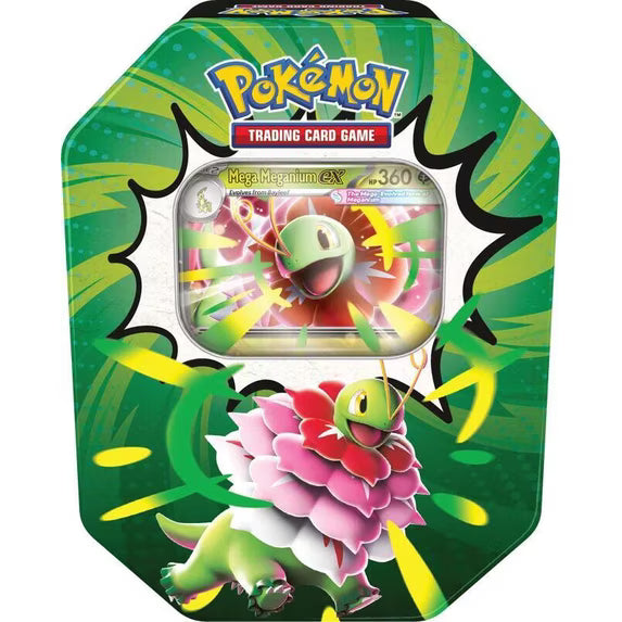 Pokémon TCG Ascended Heroes tin with Mega Meganium ex promo card and 4 booster packs