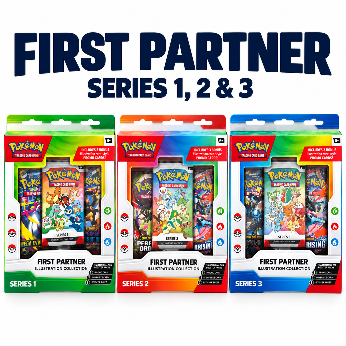 Pokémon TCG First Partner Illustration Collection Series 1, 2 and 3 boxes