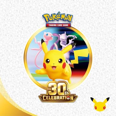Pokémon TCG 30th Celebration logo with Pikachu, Mew and Mewtwo