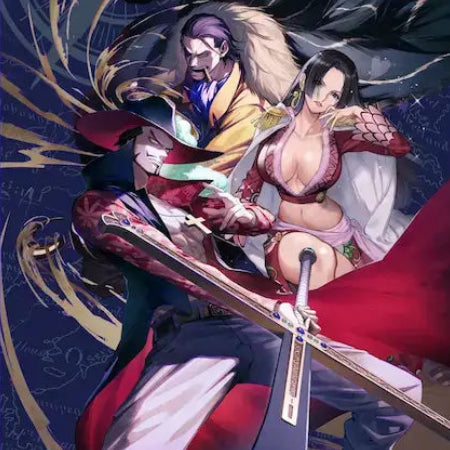 One Piece Card Game OP-14 The Azure Sea's Seven set artwork featuring Mihawk, Boa Hancock and Crocodile